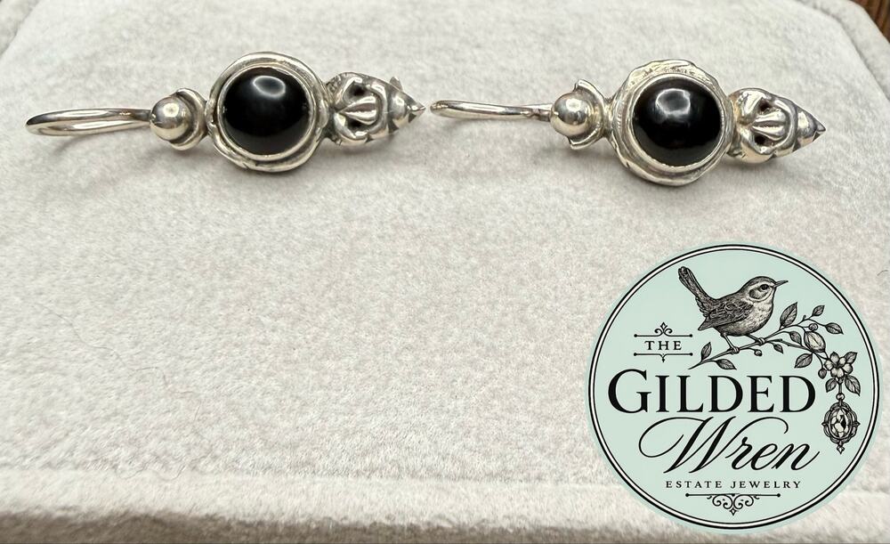 Sterling Silver Black Onyx Dangle Earrings Locking Wire 4.8g 1.2 Inch